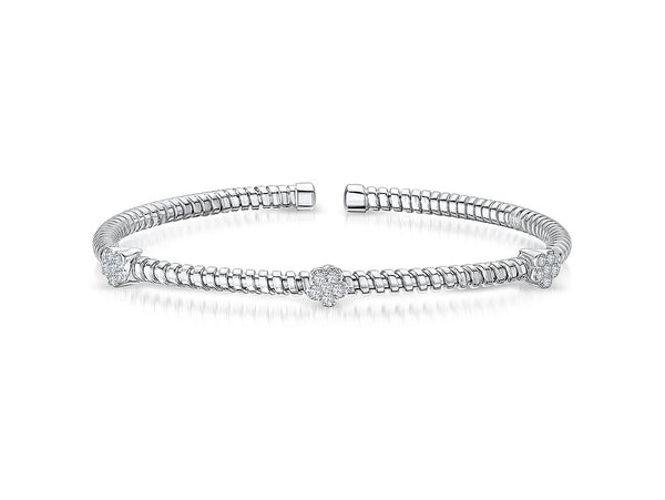 Sterling Silver Cuff Stacking Bangle Set With Three Hexagon Shape Clusters of Cubic Zirconia StonesBangles - JOOLS By Jenny Brown