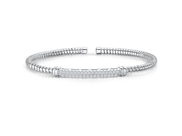 Sterling Silver Cuff Stacking Bangle Set On Top With A Double Row Of Cubic Zirconia StonesBangles - JOOLS By Jenny Brown