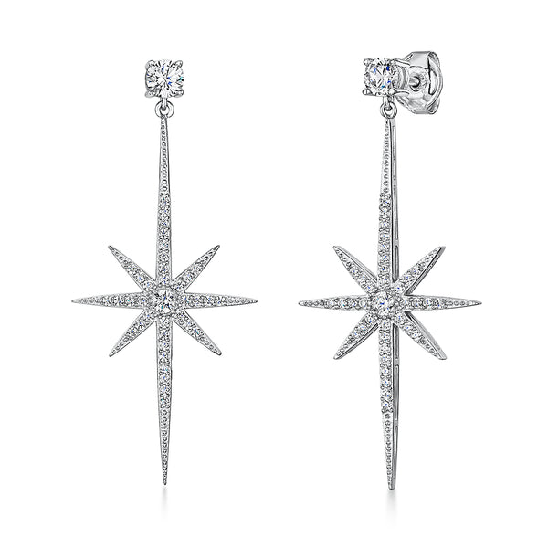 A pair of sterling silver north star drop stud earrings with a star design and cubic zirconia stones-JOOLS by Jenny Brown