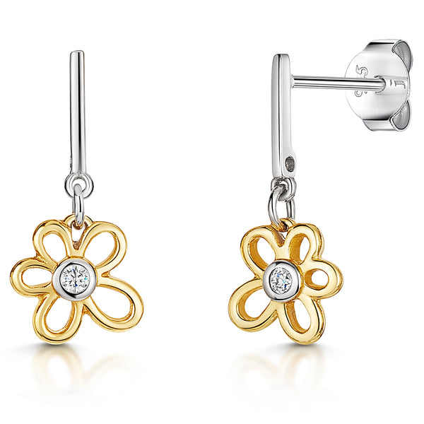 Small Yellow Gold Flower Drop Earrings With Cubic Zirconia Centres-JOOLS by Jenny Brown