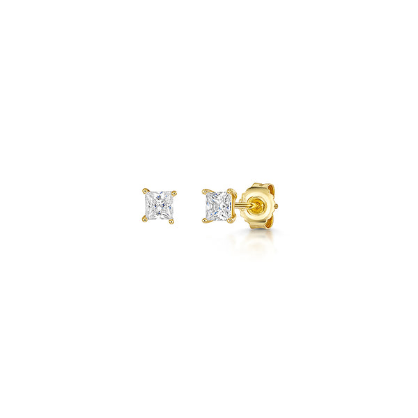 Yellow Gold Cubic Zirconia Square Stud Earrings-JOOLS By Jenny Brown