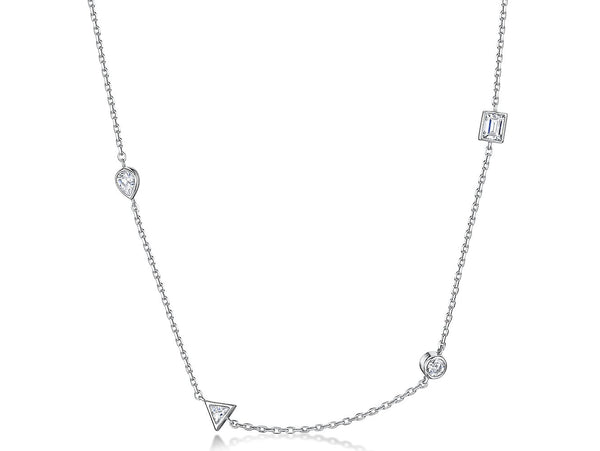 STERLING SILVER NECKLACE- SET WITH BRILLIANT ROUND , EMERALD, TRIANGLE AND TEARDROP CUT CUBIC ZIRCONIA STONES - PLATINUM FINISHEDNecklaces - JOOLS By Jenny Brown
