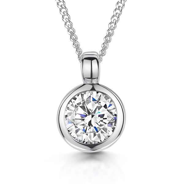 Solid 925 sterling silver round solitaire pendant with a brilliant-cut cubic zirconia in a bezel setting on a silver curb chain.