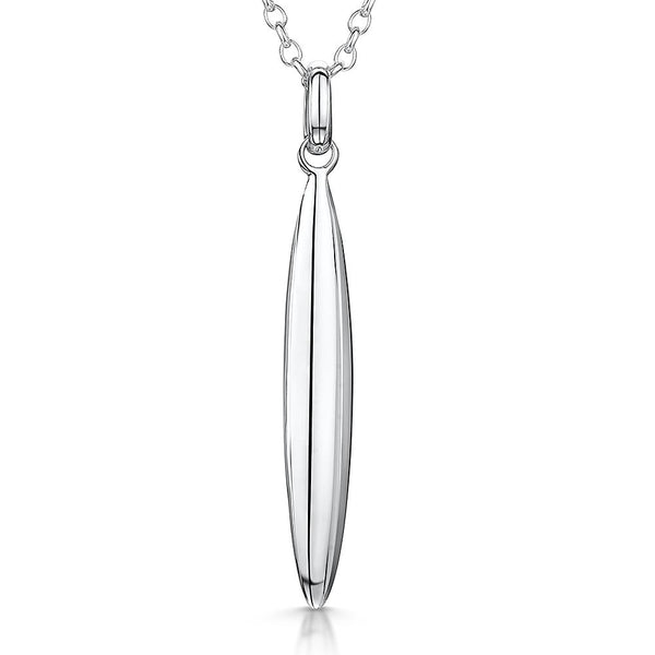 A sterling silver pod drop necklace with a rhodium finish on an 18-20 inch drop chain.