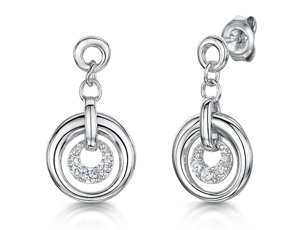 Sterling Silver Multi Circle Drop Earrings Wih Cubic Zirconia Centres