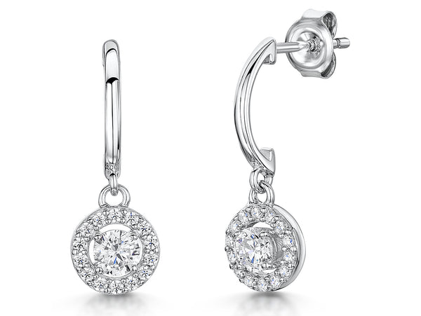 A pair of sterling silver half hoop earrings with halo cubic zirconia drop,-JOOLS by Jenny Brown