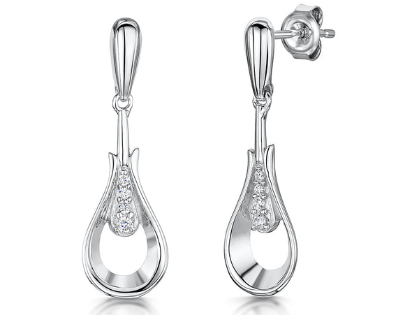 A pair of sterling silver open peardrop earrings with inner lines of cubic zirconia, featuring a hypoallergenic rhodium finish.