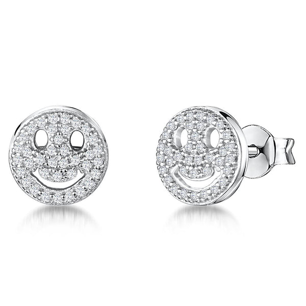 A pair of sterling silver round stud earrings with a smiley face design, set with cubic zirconia stones,-JOOLS by Jenny Brown