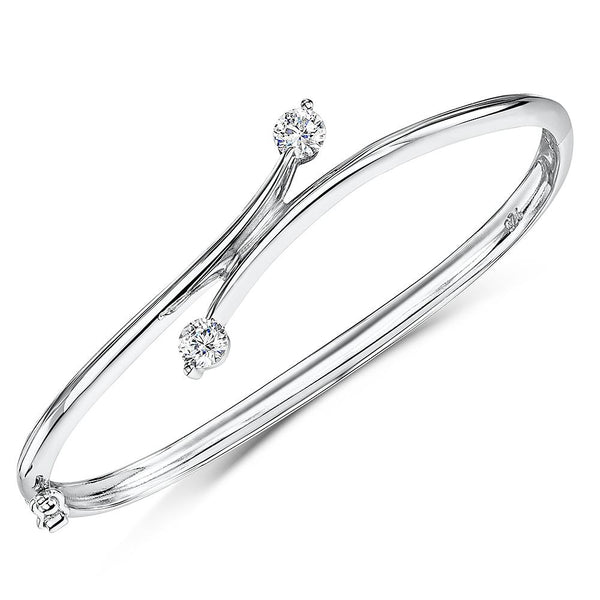 Sterling Silver Bangle Cross Over Set With Two Cubic Zirconia Stones EndsBracelets - JOOLS By Jenny Brown