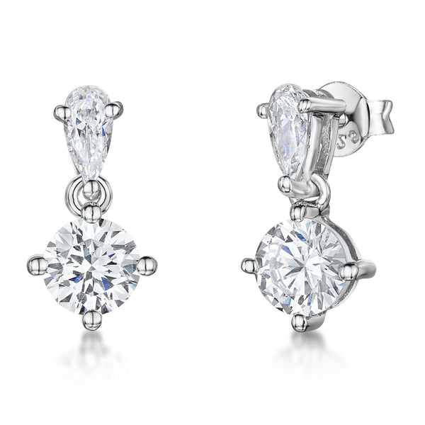 A pair of sterling silver teardrop bale earrings with a single cubic zirconia centerpiece set in a teardrop design.