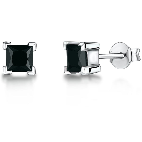 Sterling Silver Stud Earring With Black Princess Cut Cubic Zirconia In 4 Claw Setting JOOLS by Jenny Brown