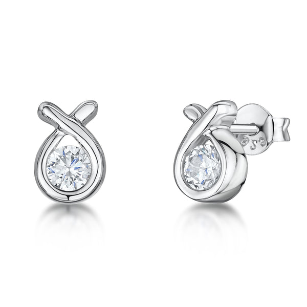 A pair of sterling silver stud earrings with a ribbon design featuring white cubic zirconia center stones-JOOLS by Jenny Brown