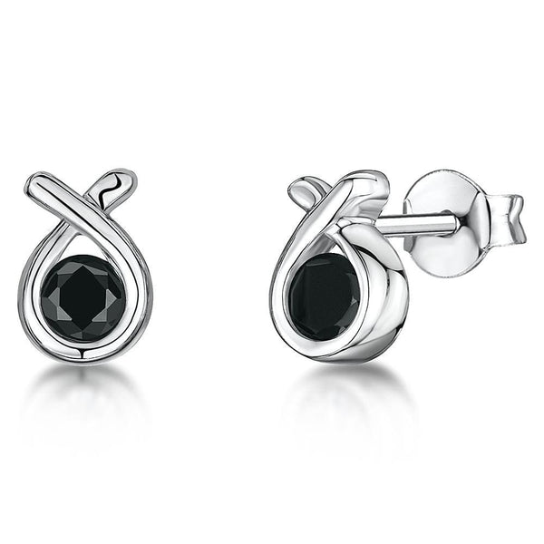A pair of sterling silver stud earrings with a ribbon design featuring black cubic zirconia center stones-JOOLS by Jenny Brown