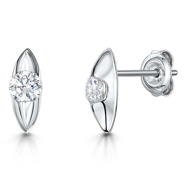 Sterling Silver Earrings Marquise Shaped Stud Earrings-With A Middle Set Single Cubic ZirconiaEarrings - JOOLS By Jenny Brown