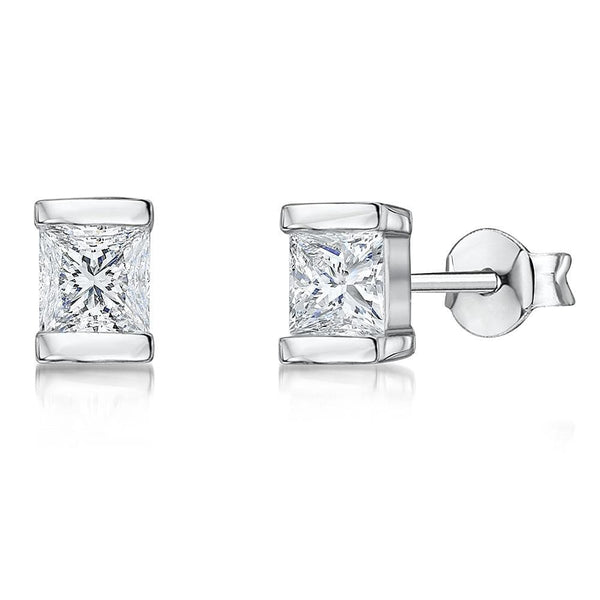 Sterling Silver Stud Earrings- Square CZ Held In Two Silver Bars - JOOLS By Jenny Brown