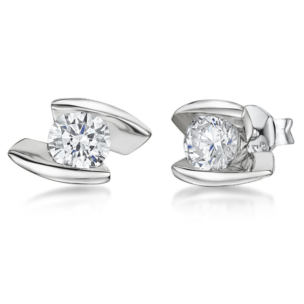 Sterling Silver Solitaire Earrings Set Between Parallel Offset Silver Bars - JOOLS By Jenny Brown