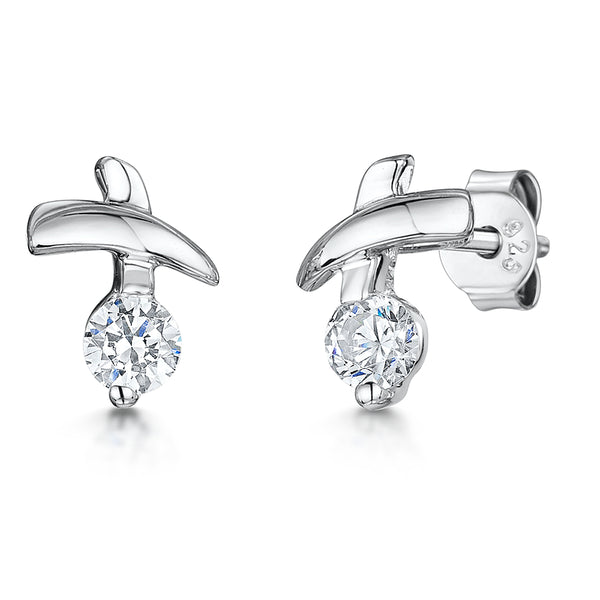 Sterling Silver Kiss Stud Earrings With A Round Cubic Zirconia Stone-JOOLS by Jenny Brown