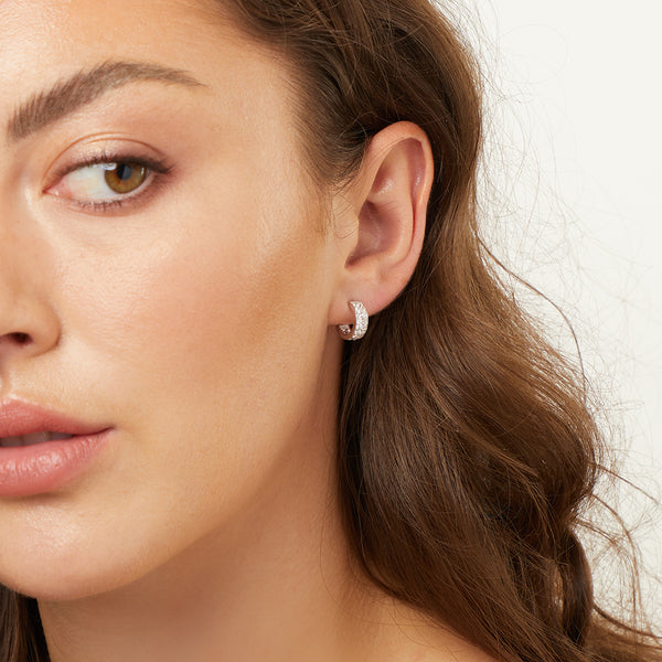 Sterling Silver Half Hoop Huggie Stud Earrings Set with Two Rows of Round Cubic Zirconia Stones - JOOLS By Jenny Brown