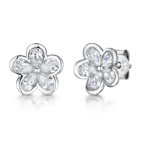 Sterling Silver Flower Earrings Set With Five Cubic Zirconia Petals - JOOLS By Jenny Brown