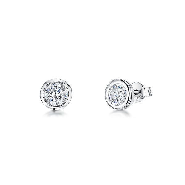 Pair of 1 carat solitaire cubic zirconia stud earrings in a bezel setting on sterling silver.