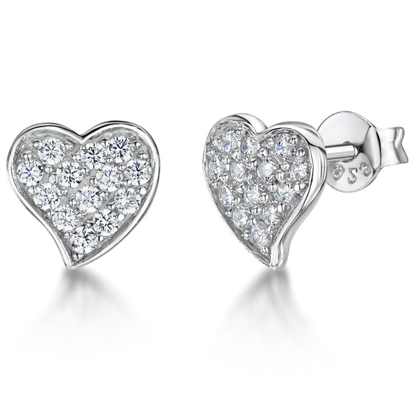 Sterling Silver Small Offset Pave Set Heart Stud Earringsearrings - JOOLS By Jenny Brown