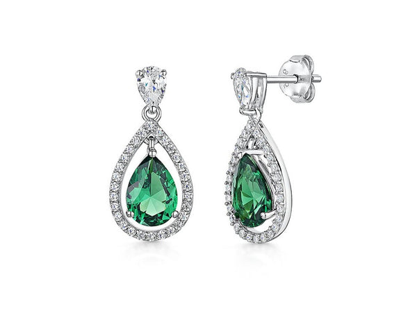 Sterling Silver Halo Teardrop Earrings Set With Green Emerald Cubic Zirconia's. JOOLS by Jenny Brown