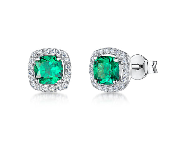 Sterling Silver Emerald Green Cubic Zirconia Cushion Cut Earrings Studs JOOLS by Jenny Brown