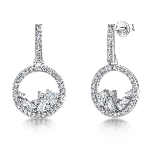 Sterling Silver Pave Round Open Drops Containing Baguette Cubic Zirconias JOOLS by Jenny Brown