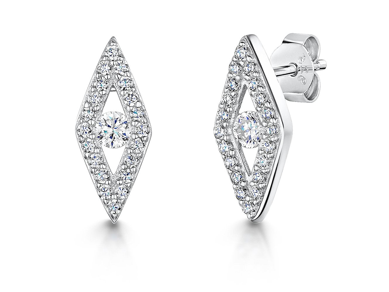 Sterling Silver Open Diamond Shape Drop Earrings Set With a Round Cubi