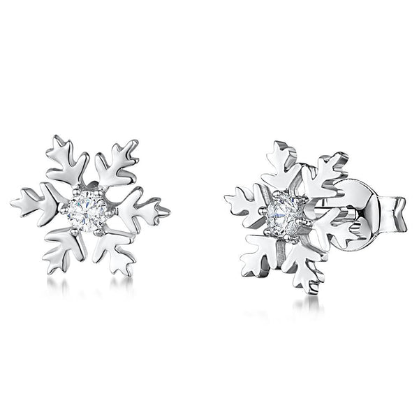 A pair of sterling silver snowflake earrings with a central cubic zirconia stone in each earring-JOOLS by Jenny Brown