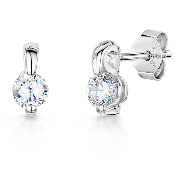 A pair of sterling silver stud earrings with a claw setting and cubic zirconia stones, displayed on a white background.