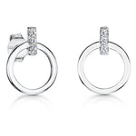 Load image into Gallery viewer, A pair of sterling silver circle stud earrings with cubic zirconia stones set in a bar above the circle.