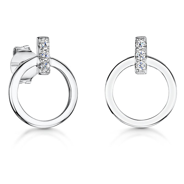 A pair of sterling silver circle stud earrings with cubic zirconia stones set in a bar above the circle.