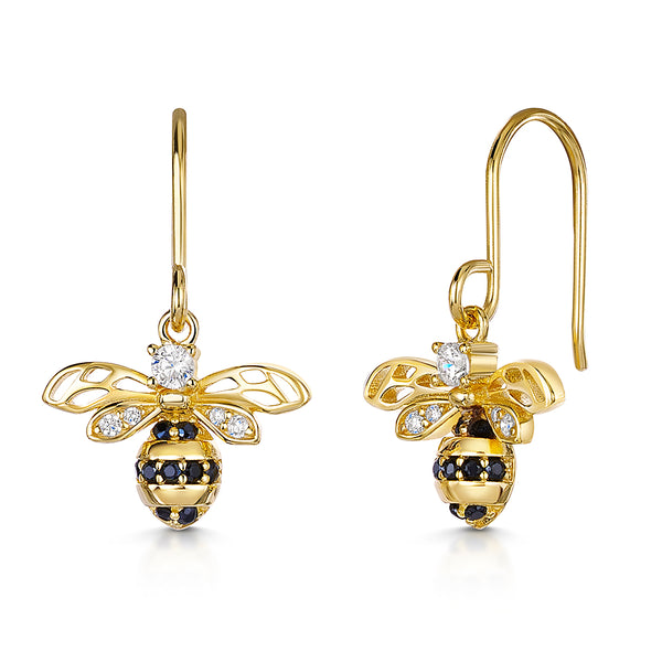 Yellow Gold Bee Drop Earrings With Black Cubic Zirconias JOOLS by Jenny Brown