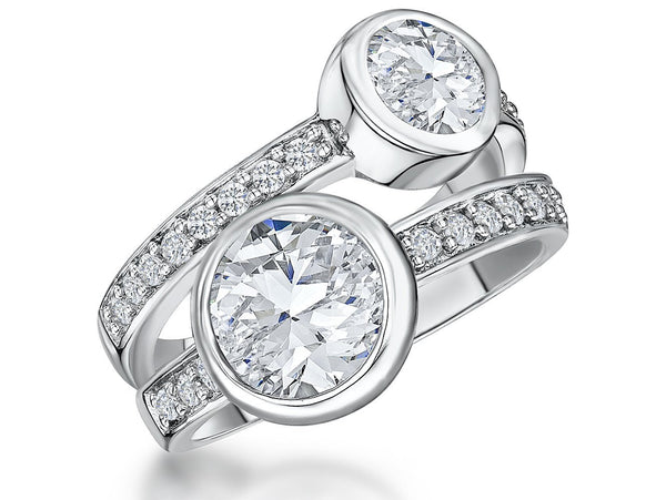 Sterling Silver Ring Set with Two 1 and 2 Carat Round Brilliant Cubic Zirconia Stones JOOLS By Jenny Brown