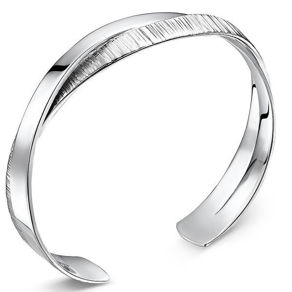 Sterling Silver Overlapping Bangle Half Plain Silver Half Cubic Zirconia Stone Set Cuff Bangle - JOOLS By Jenny Brown
