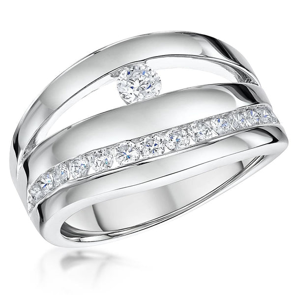 Sterling Silver Triple Band Ring With A Single Round Stone - JOOLS By Jenny Brown