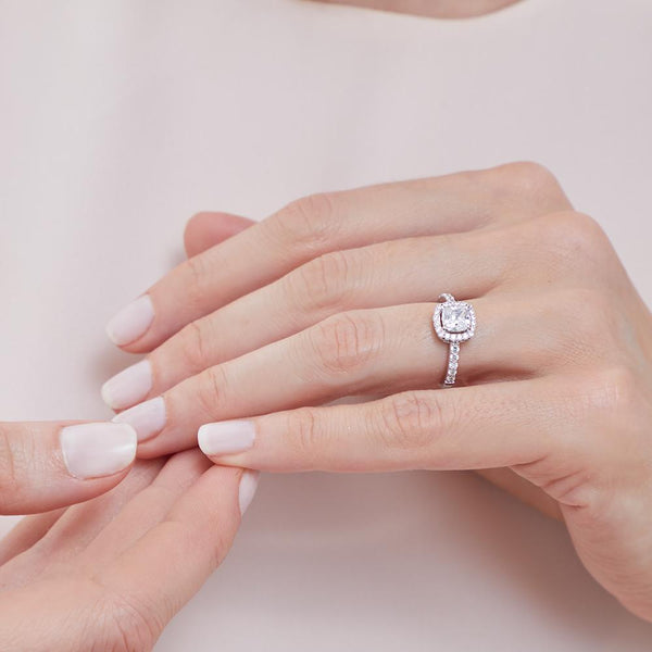 A sterling silver square 1.25ct princess cut cubic zirconia ring with halo stones-JOOLS by Jenny Brown