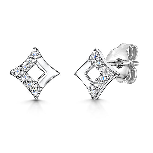 A pair of sterling silver offset square stud earrings with half pave cubic zirconias.