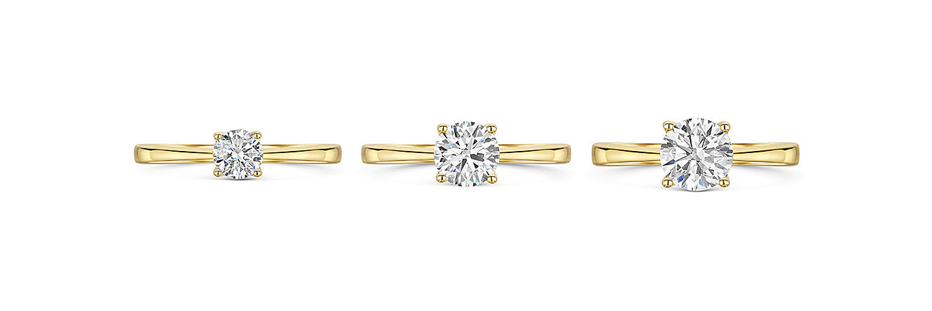 3 Yellow Gold Solitiare Lab Diamond sRings Measureing 0.5 Carat, 1 Carat And 1.5 Carat 4 Claw Set