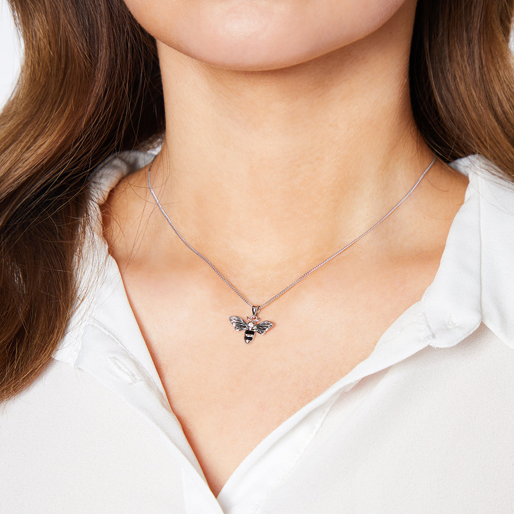 Sterling Silver Bumble Bee Necklace Set with Cubic Zirconia and Black Enamel Stripes - JOOLS By Jenny Brown