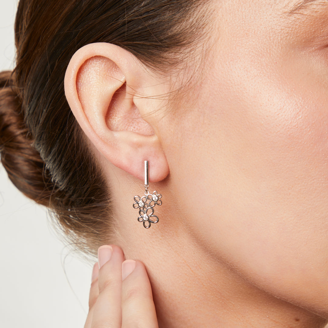 Silver Triple Flower Cubic Zirconia Drop Earrings-JOOLS by Jenny Brown