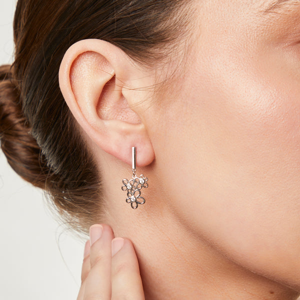 Silver Triple Flower Cubic Zirconia Drop Earrings-JOOLS by Jenny Brown