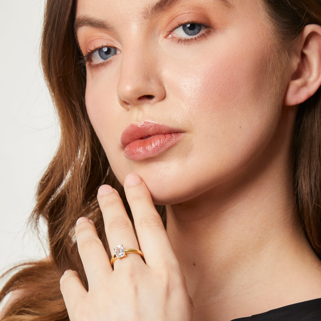 Yellow Gold Emerald Cut Cubic Zirconia Ring