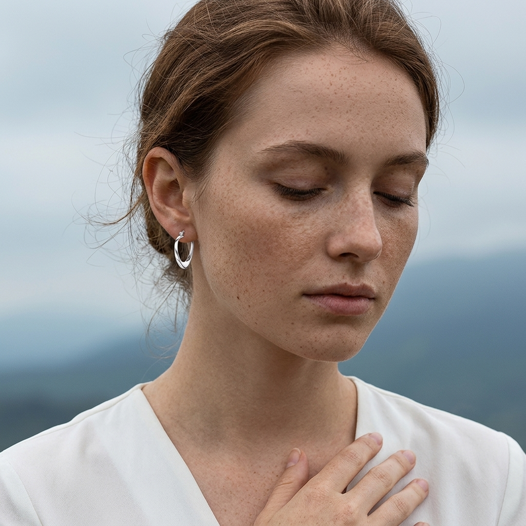 Model Wearing Dainty 925 sterling silver solid heart-shaped hoop earrings with snap bar back closures