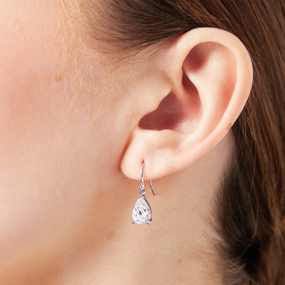 Sterling Silver Fishhook Pear Cut Cubic Zirconia Earring