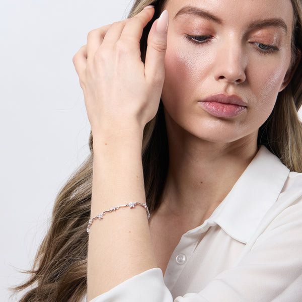 Sterling Silver Bracelet  Set With Alternating Flower and Single Stone Solitaire Cubic Zirconia Stones - JOOLS By Jenny Brown