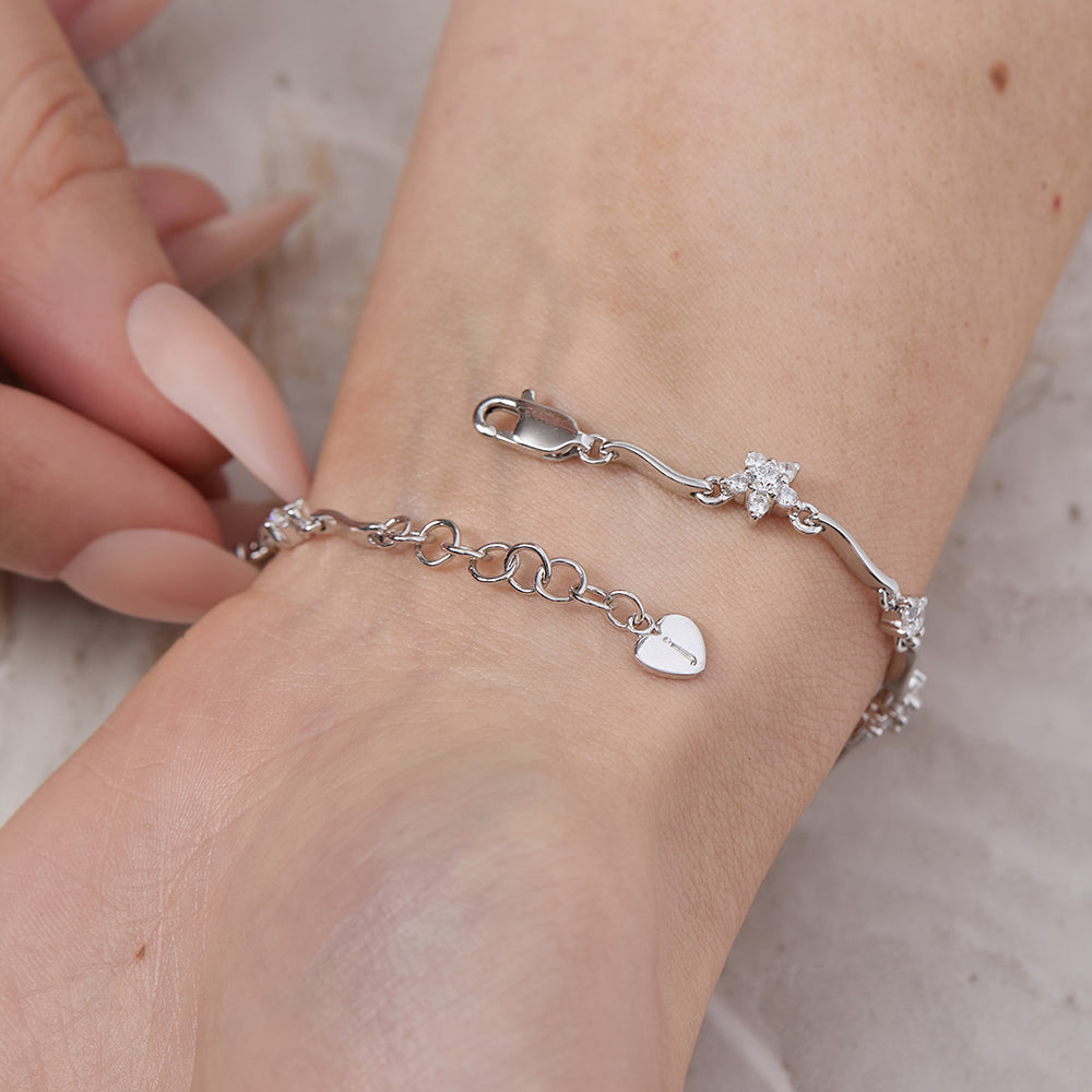 Sterling Silver Bracelet  Set With Alternating Flower and Single Stone Solitaire Cubic Zirconia Stones - JOOLS By Jenny Brown