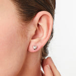 Load image into Gallery viewer, A pair of sterling silver triangle stud earrings with cubic zirconia, rhodium finished, with post and butterfly backing-JOOLS by Jenny Brown
