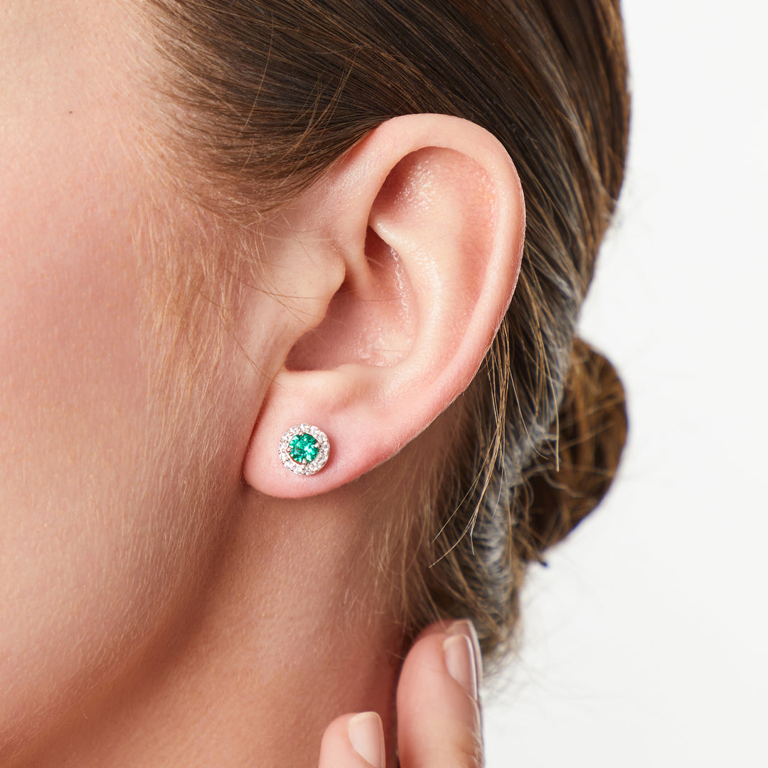 Sterling Silver And Zirconia Halo Stud Emerald Green Earrings- JOOLS by Jenny Brown